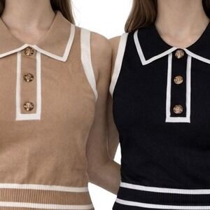 Women's Sleeveless Knit Polo Sweater Set Black Neutral Minimalist Small Lot of 2